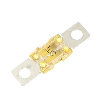 Clear yellow BF2 MEGA Fuse with transparent housing and metal terminals, showing "100" rating.