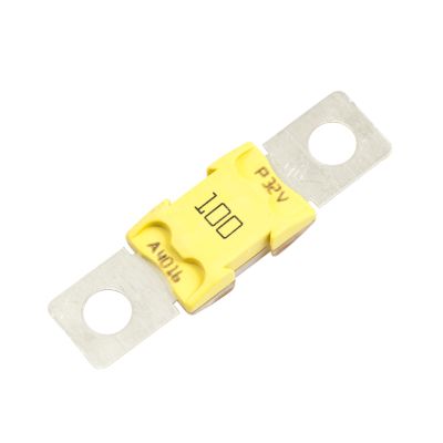 Yellow Littelfuse MEGa Fuse with 100 Amp rating, featuring metal connectors on each end.