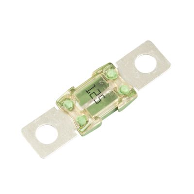 Green Littelfuse MEGa BF2 fuse with 125 Amp rating, featuring metal connectors and transparent casing for automotive use.