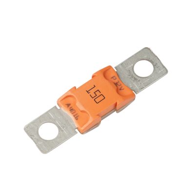 Orange Littelfuse BF2 MEGa Fuse, 150 Amp, 32V, with metal terminals on both ends, for electrical applications.