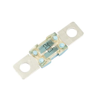 Clear BF2 MEGA¬Æ Fuse with metal terminals and blue insulators, showing a visible amperage rating.