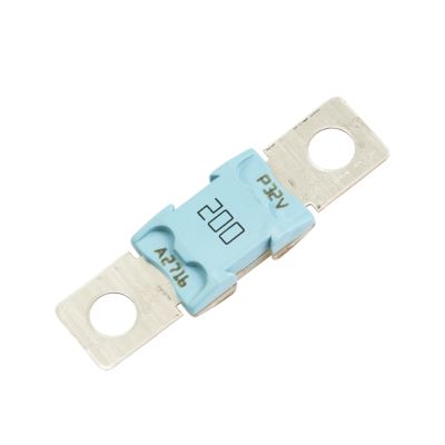 Blue Littelfuse MEGa Fuse, 200 Amp, for automotive or electrical use, highlighted against a white background.