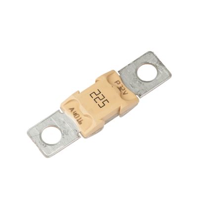 Tan Littelfuse MEGa Fuse, 225 Amp, 32V, with metal terminal ends for circuit protection.