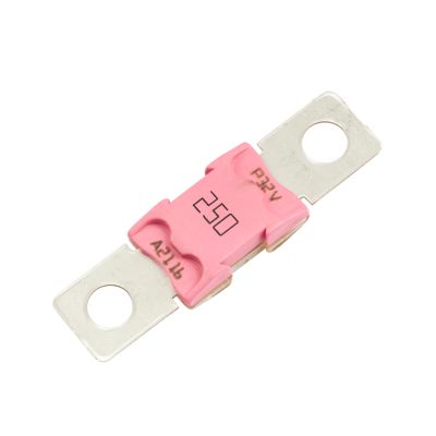 Pink Littelfuse MEGa Fuse, rated 250 Amps, showcases durable metal terminals for secure connections.