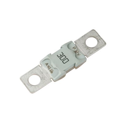 Gray Littelfuse BF2 MEGa fuse with metal terminals, labeled 300, designed for high current protection.