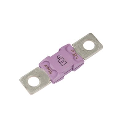 Violet Littelfuse BF2 MEGa Fuse, 400 Amp, 32V, with metallic connectors on each end.