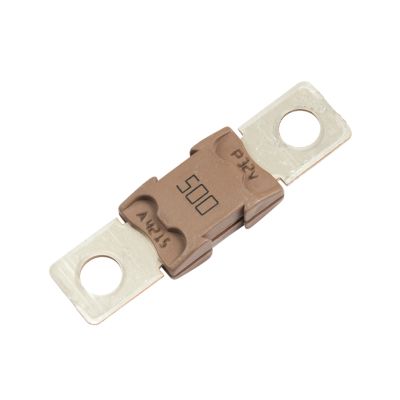 Brown Littelfuse BF2 MEGa 500 Amp automotive fuse with metal terminals, suitable for 32V applications.