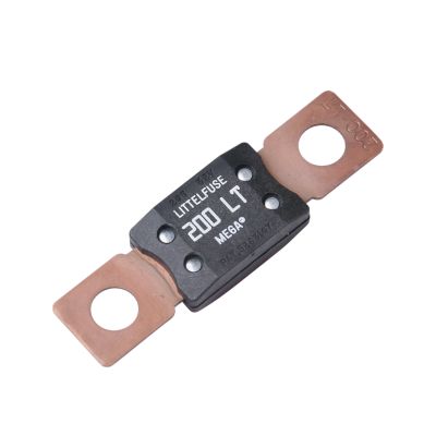 Low Temp MEGA¬Æ Fuse with copper terminals and engraved specifications, showcasing robust electrical connectivity.
