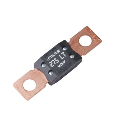 Littelfuse MEGA Low Temp Fuse 275 Amp, black and copper design, with terminal holes for secure electrical connections.