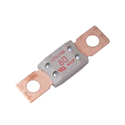 Red Littelfuse MEGA fuse, 80 Amp, 32V, featuring copper terminals and UL rating for electrical applications.
