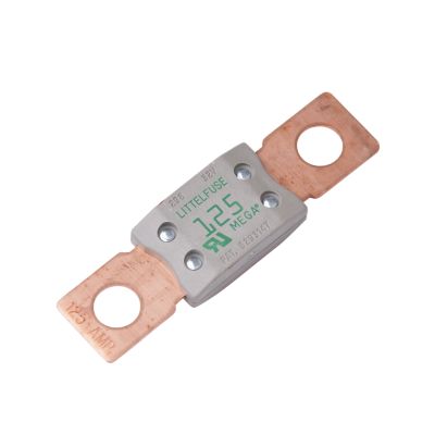 Green Littelfuse MEGA Fuse, 125 Amp UL Rated, showcasing terminals and fuse details.