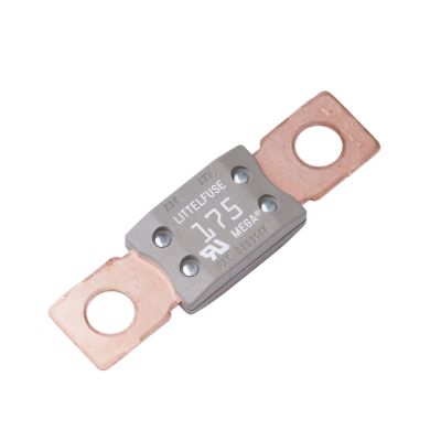 Clear Littelfuse UL Rated MEGA Fuse with copper connectors, 175 Amp capacity for electrical safety.