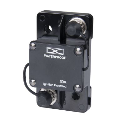 Del City auto reset hi-amp circuit breaker, surface mount, waterproof, 50 amp, black with 1/4" studs, 32V capacity.
