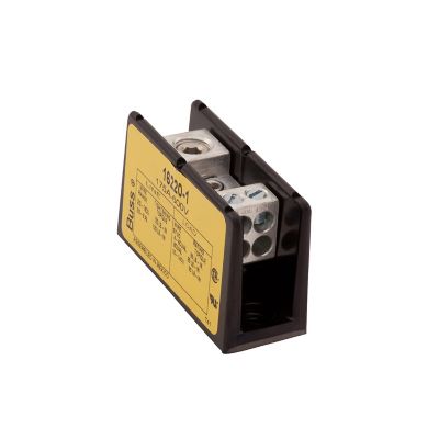 Power distribution block with screw connections, featuring a durable housing and multiple input/output terminals for efficient connectivity.