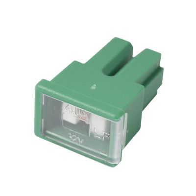 Green Littelfuse PAL Fuse FLF Series with female terminal, 40 Amp capacity, 32V rating, and transparent casing.