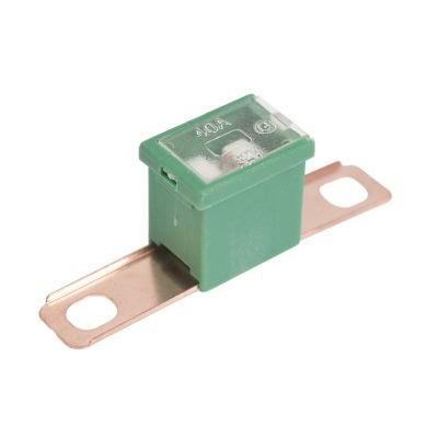 Green Littelfuse PAL Fuse with male terminal, rated 40 amp, 32V, from the FLB Series, featuring a sturdy design.