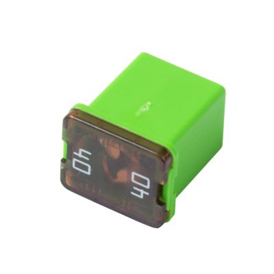 Green Littelfuse low-profile JCASE fuse, showing 40 amp rating, designed for 58V electrical applications.