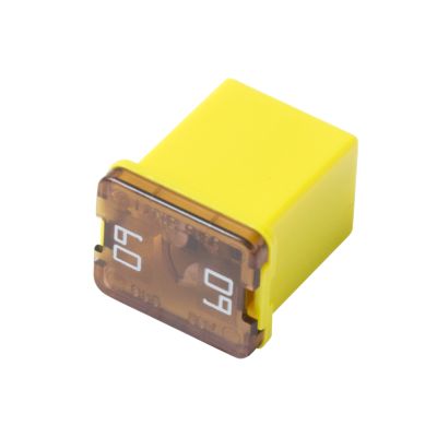Yellow Littelfuse low profile JCASE fuse with visible amperage and voltage ratings against a white background.