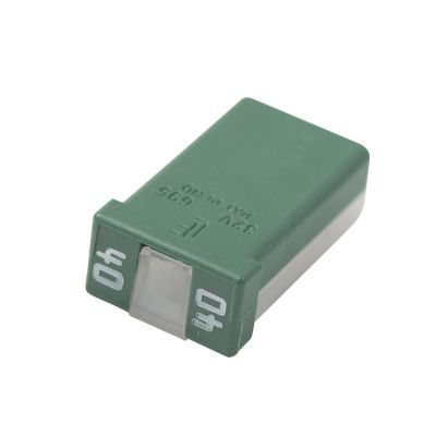 Green Littelfuse MCASE cartridge fuse, 40 Amp, 32V, showing electrical ratings in white on the top.