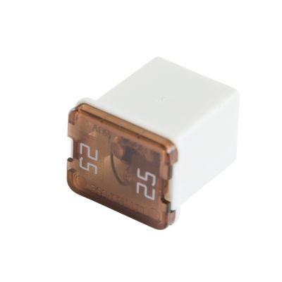 White low profile JCASE fuse with a transparent cover displaying "25."