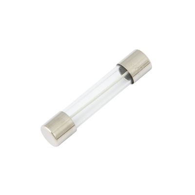 AGC Glass Fuse with metal end caps, showcasing its transparent glass cylinder design against a white background.