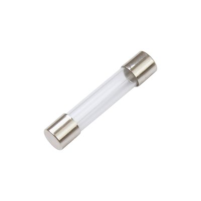 Glass fuse with metal end caps, Littelfuse AGC 4 Amp, 32V, isolated on white background.