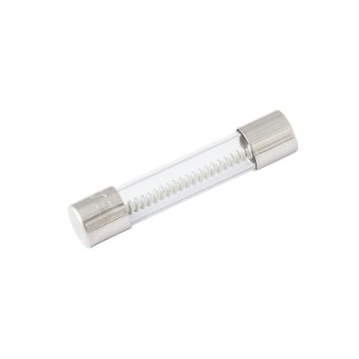 Glass fuse with metallic ends and visible coil, representing Eaton Bussmann BK-MDL time delay fuse for electrical safety.