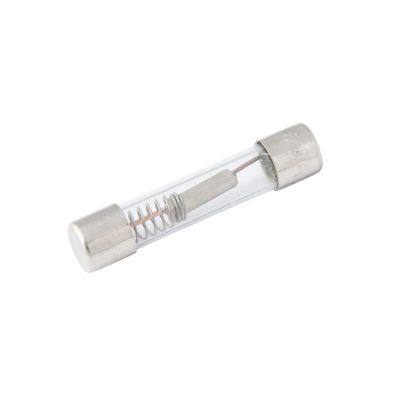 Glass fuse with metal caps and coil, Eaton Bussmann BK-MDL-20, designed for time delay in electrical circuits.