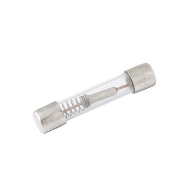 Glass fuse with metal caps, coil spring inside, designed for time delay function in electrical circuits.