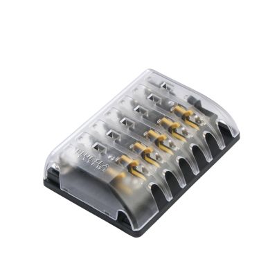 Transparent Blue Sea Systems glass fuse block with six circuits displayed.