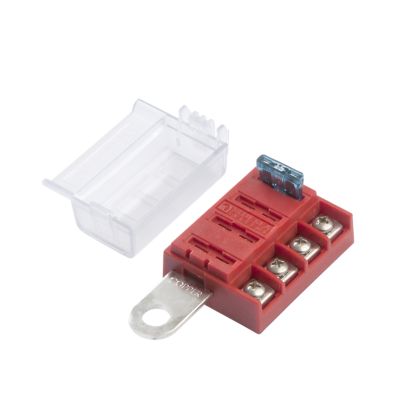 Blue Sea Systems 5023-BSS ATO/ATC fuse block with transparent cover and metal terminal for battery mounting.