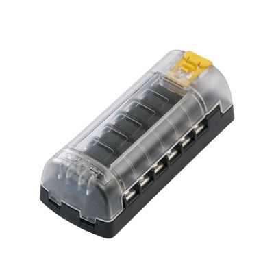 Blue Sea Systems ATO/ATC Fuse Block with transparent cover and multiple slots for independent power source connections.