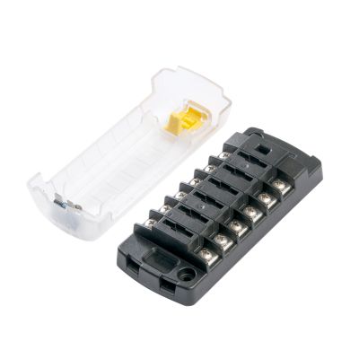 Blue Sea Systems 5035-BSS fuse block with cover, featuring six circuits and screw terminals for independent source connection.
