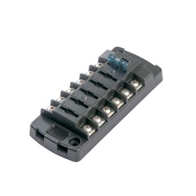 Blue Sea Systems 5037-BSS, 6-circuit fuse block with screw terminals and independent sources, showcasing modern design.