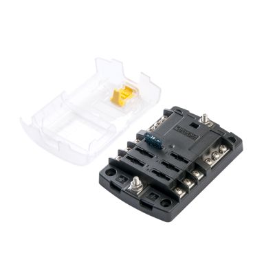 Blue Sea Systems 5025-BSS fuse block with ground and cover, featuring 6 circuits and a clear protective casing.