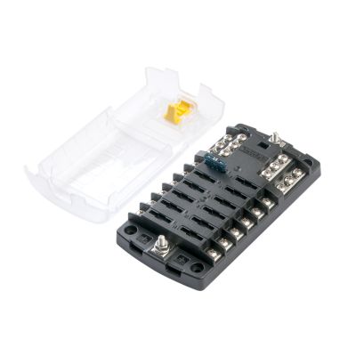 Blue Sea Systems fuse block with 12 circuits, featuring ground and cover. Ideal for ATO/ATC fuse applications.
