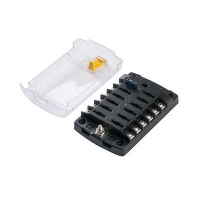 Blue Sea Systems fuse block with cover, showing 12 circuits and a clear protective lid, ideal for electrical setups.