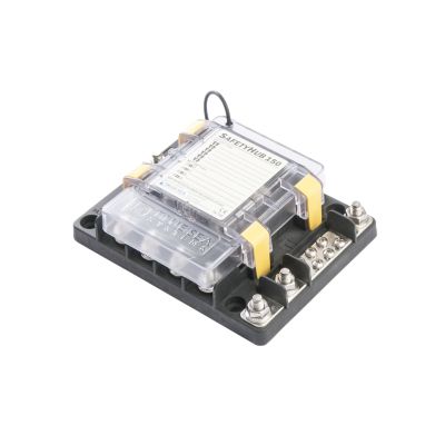 Blue Sea Systems SafetyHub 150 Fuse Block with transparent cover, showcasing 10-way connections and labeled surface.