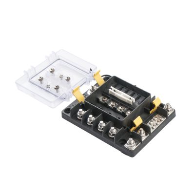 Blue Sea Systems SafetyHub 150 Fuse Block with cover, featuring multiple terminals and yellow release clips.