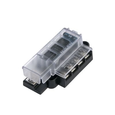 Compact Blue Sea Systems ATO/ATC fuse block with transparent cover, showcasing multiple fuse slots for secure connections.