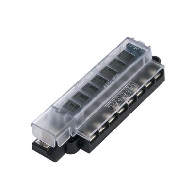 Blue Sea Systems ATO/ATC¬Æ Fuse Block with transparent cover, showcasing multiple fuse slots and compact design.