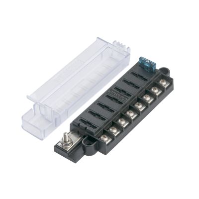 Blue Sea Systems compact fuse block with cover and 8 circuits, showcasing a durable and efficient design.