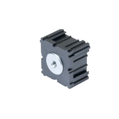 Black power tap module with a threaded metal insert, featuring a ribbed design on its sides for enhanced grip and stability.