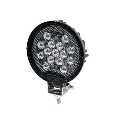 Round 15 LED flood work light with sturdy mount and black casing, emitting bright illumination, ideal for outdoor use.