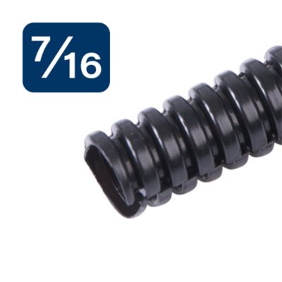 Black standard split loom tubing with flexible corrugated design for organizing and protecting cables and wires.