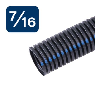 Flame retardant split loom tubing with ribbed texture, displayed alongside a size indicator in blue and white.