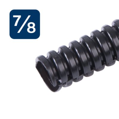 Black standard split loom tubing with a coiled design and a size indicator on the side. Ideal for wire management.