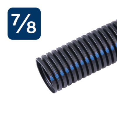 Black flame retardant split loom with a ridged texture and blue marking, ideal for wire protection.