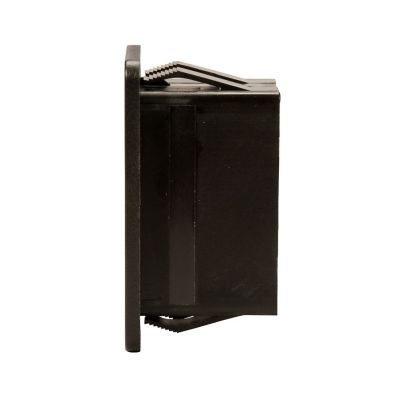 Black single rocker switch bracket with sleek and sturdy design, side view showcasing compact form and textured details.