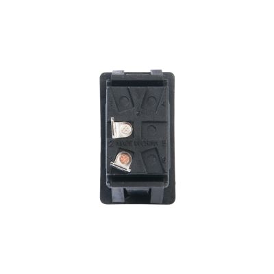Red actuator SPDT rocker switch with an On-Off-On configuration.
